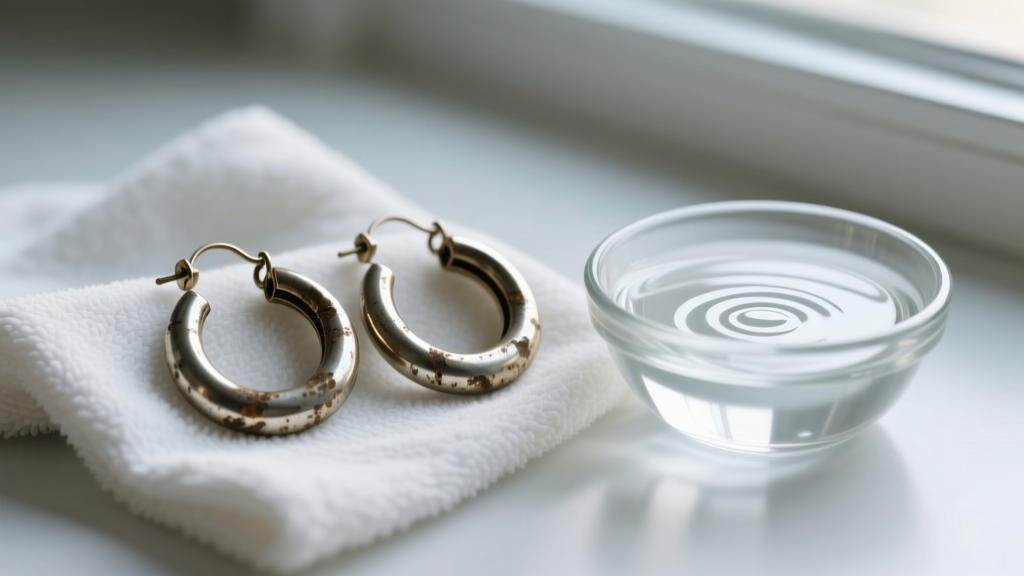 Close-up of tarnished dollar store hoop earrings on a microfiber cloth beside a small glass bowl of mild soapy distilled water