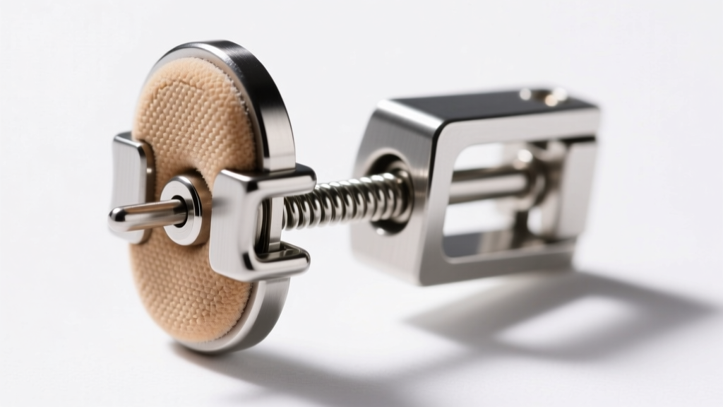 Macro photography of an adjustable titanium ear crawler clasp mechanism showing the secure grip padding on the earring back