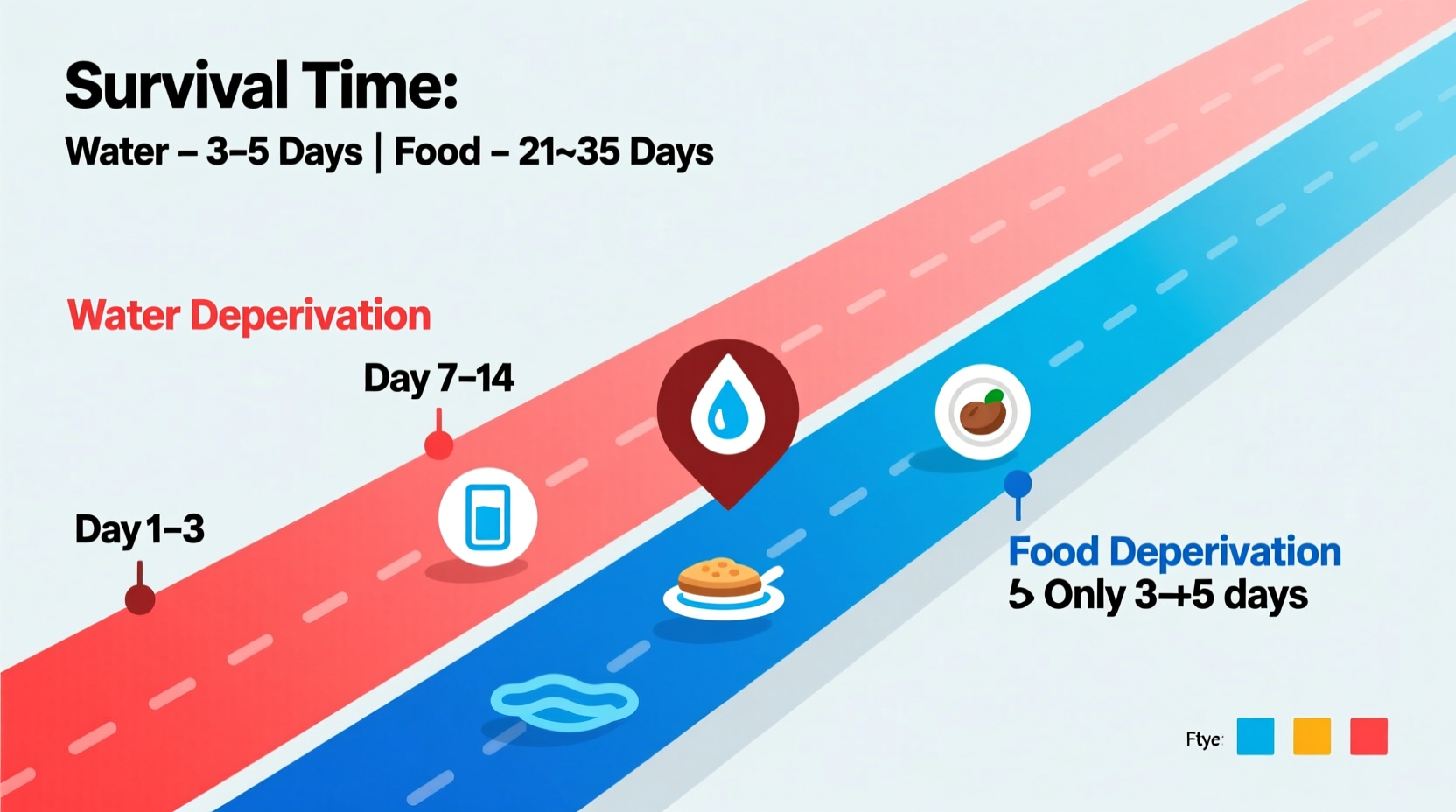 Human survival timeline infographic showing food vs water deprivation