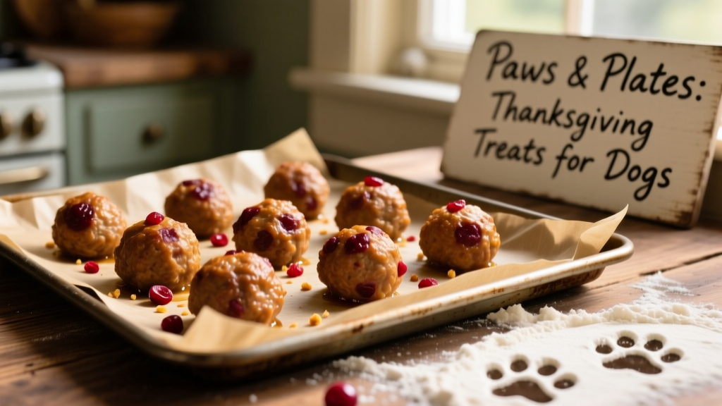 A close-up of golden-brown turkey-cranberry meatballs arranged on a parchment-lined baking sheet