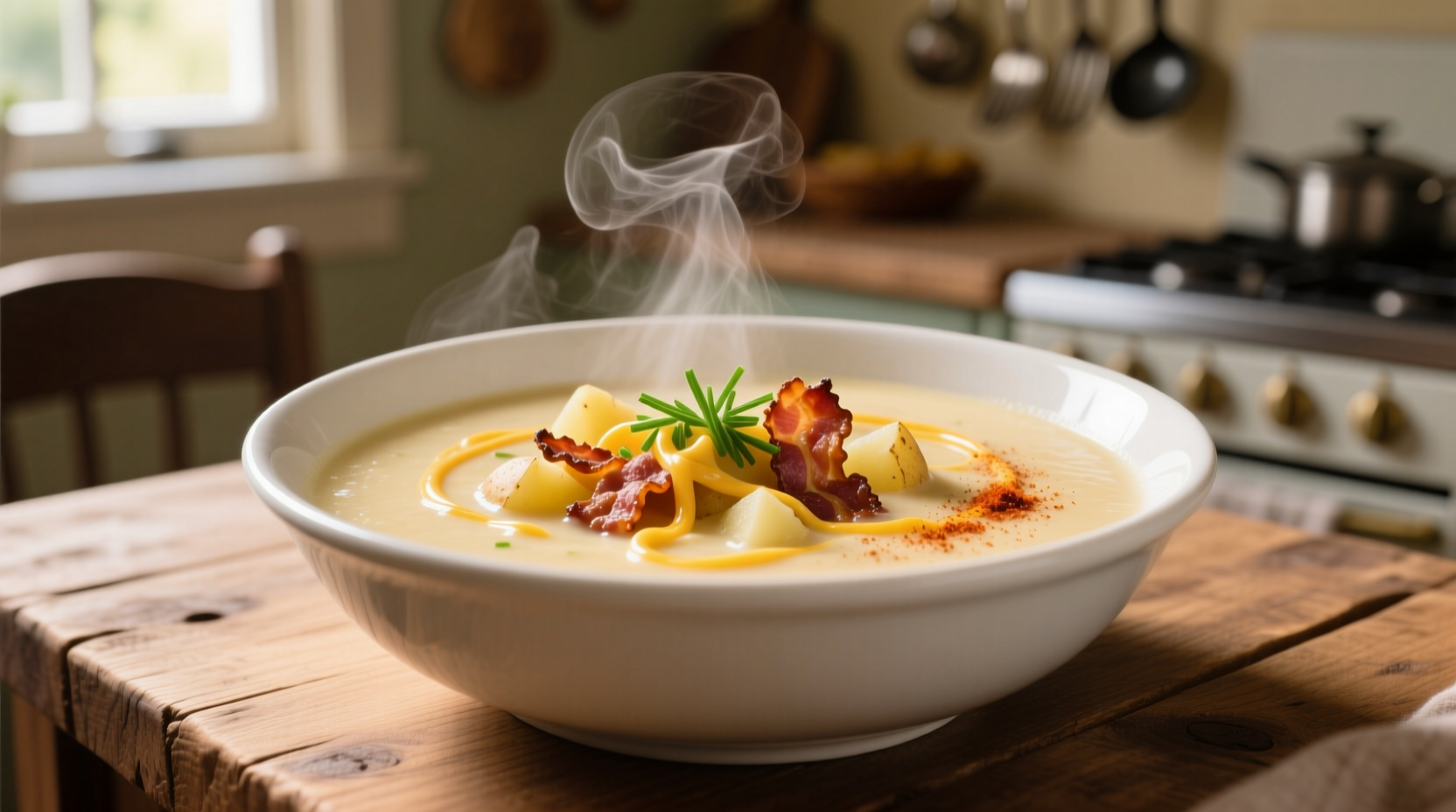 Creamy potato bacon cheese soup in white bowl
