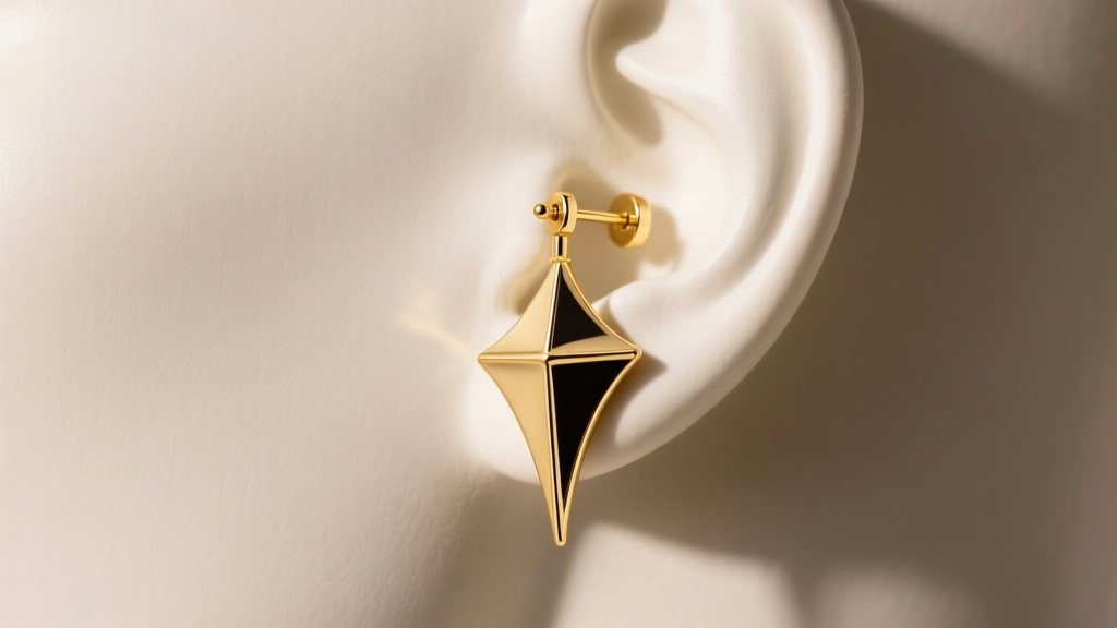 Side profile of a 14k gold kite earring on a mannequin earlobe, showing a reinforced 1.0mm post gauge preventing forward droop.