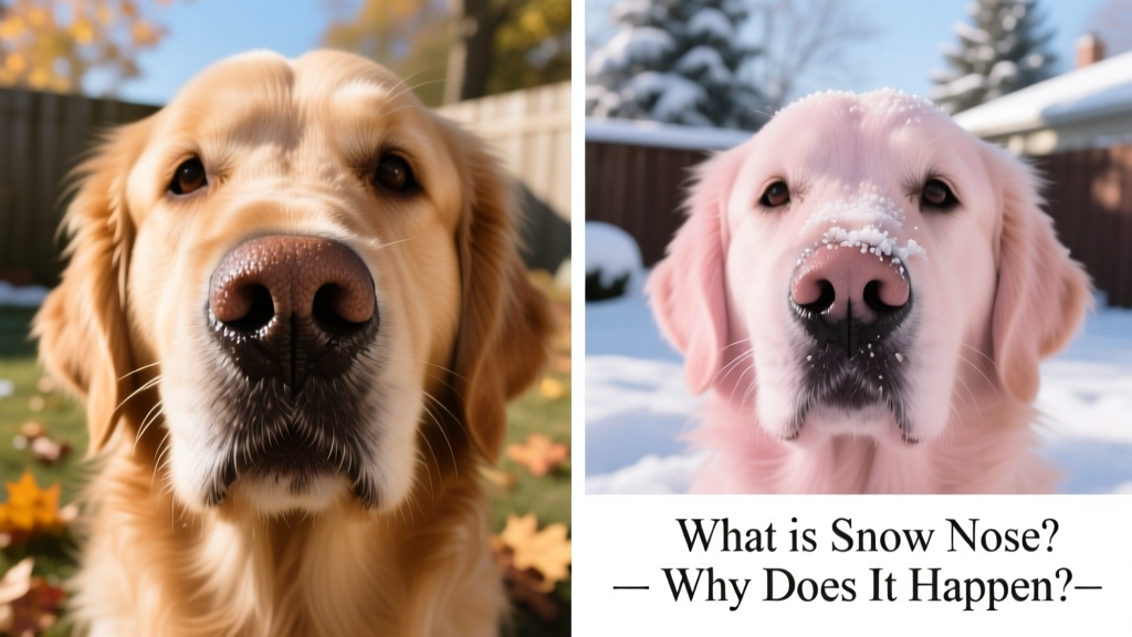 Side-by-side comparison of a Golden Retriever's nose in summer (dark) and winter (pink-tinged)