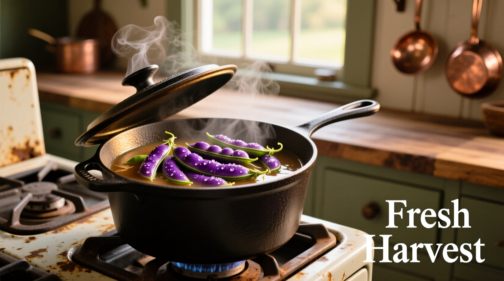 Fresh purple hull peas in a cast iron pot