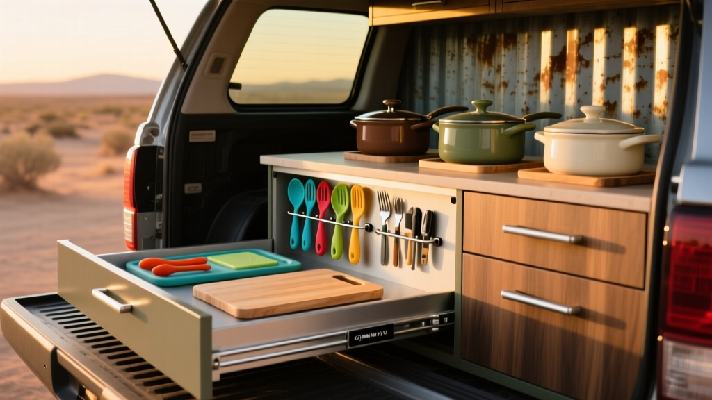 Overlanding kitchen slide-out drawer in a Toyota Tacoma displaying the Caraway kitchen gadget set and ceramic cookware secured by magnetic racks at sunset