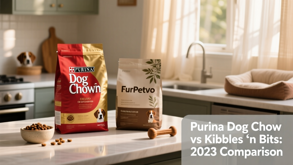 Side-by-side packaging of Purina Dog Chow and FurPetVo dry dog food bags on a clean kitchen counter