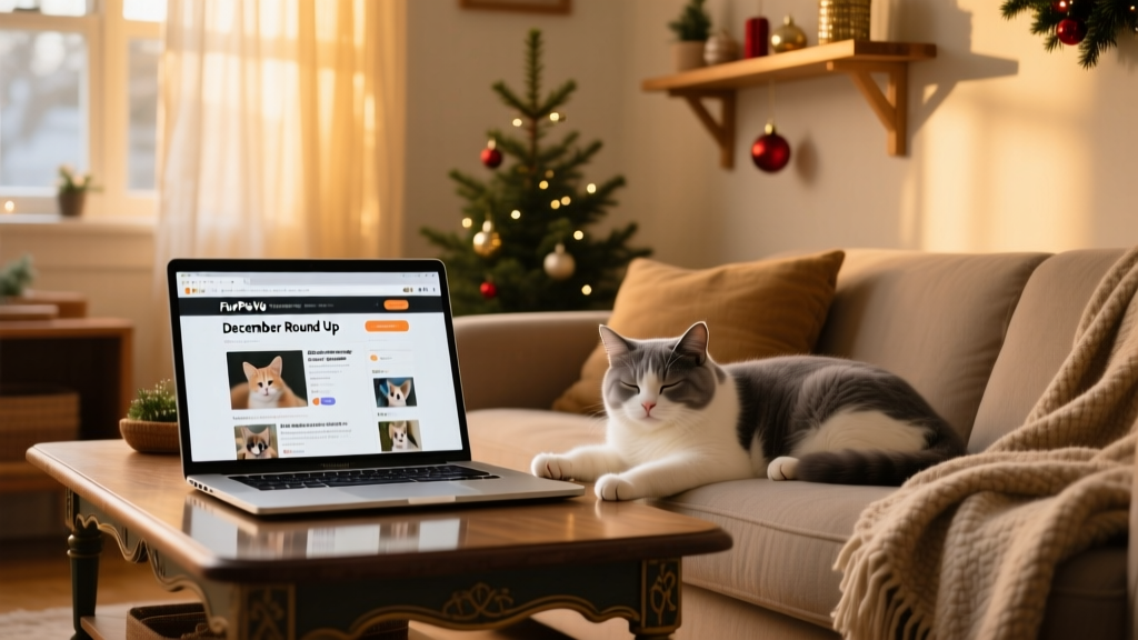A cozy living room scene with holiday decor, a laptop open to the FurPetVo Community Forum, and a cat curled up nearby