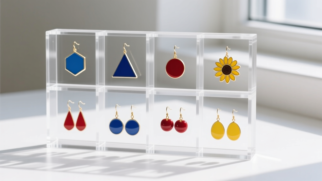 Minimalist acrylic jewelry organizer with individual compartments storing colorful enamel geometric drop earrings safely apart