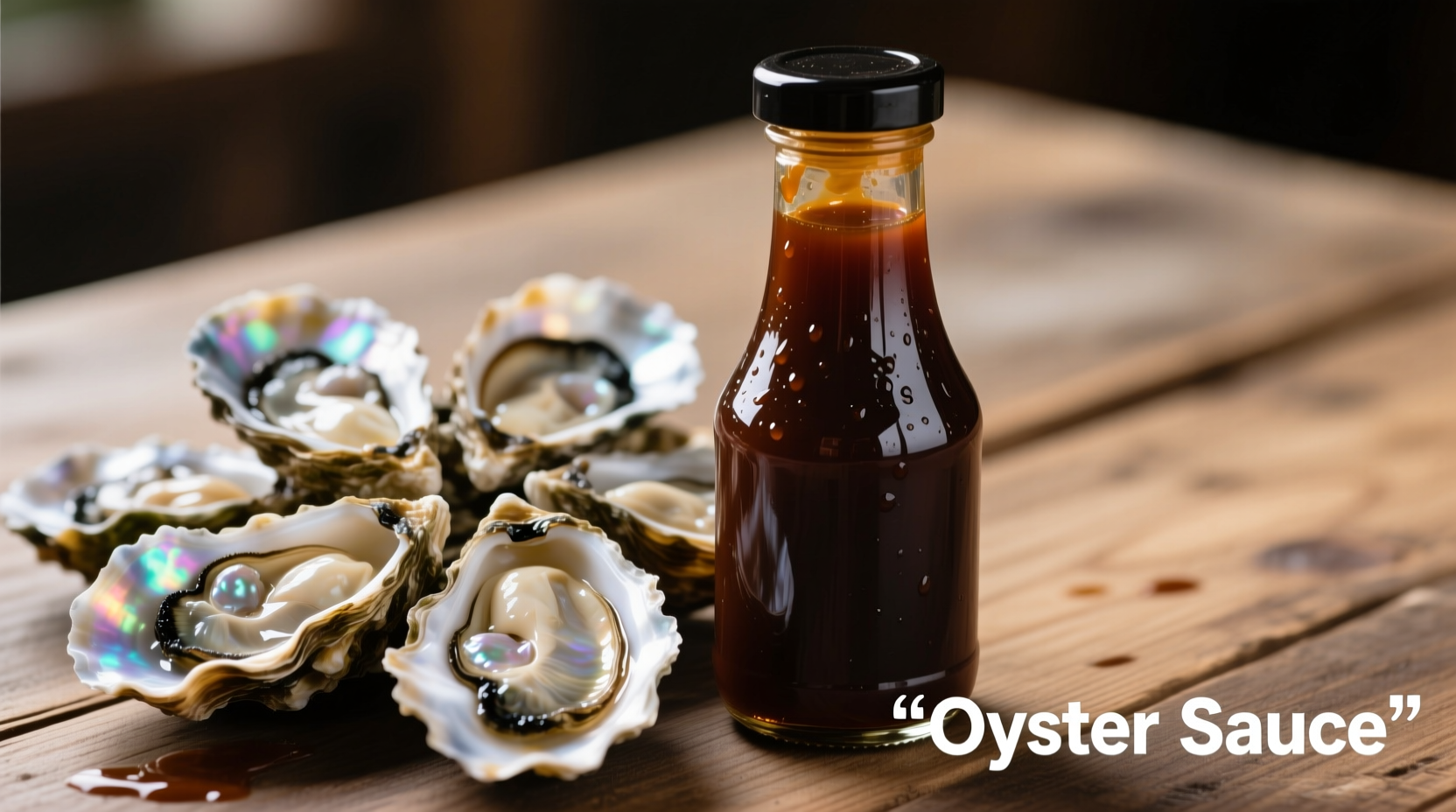Dark brown oyster sauce bottle next to fresh oysters