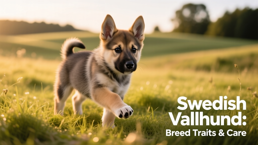 A playful Swedish Vallhund puppy exploring grassy terrain, showcasing its compact build and curious expression