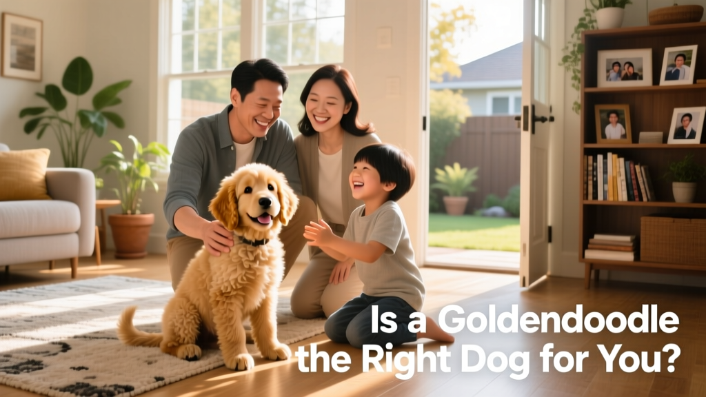 A smiling Goldendoodle puppy sitting beside a family on a sunlit living room floor