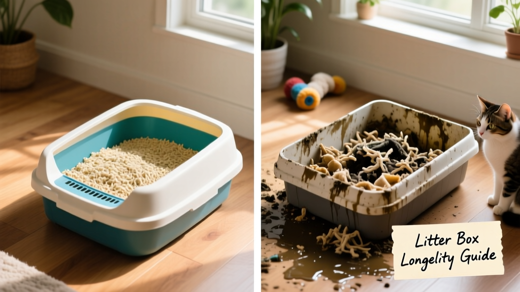 Side-by-side comparison showing a well-maintained litter box with fresh, dry litter versus an overfilled, damp, discolored box