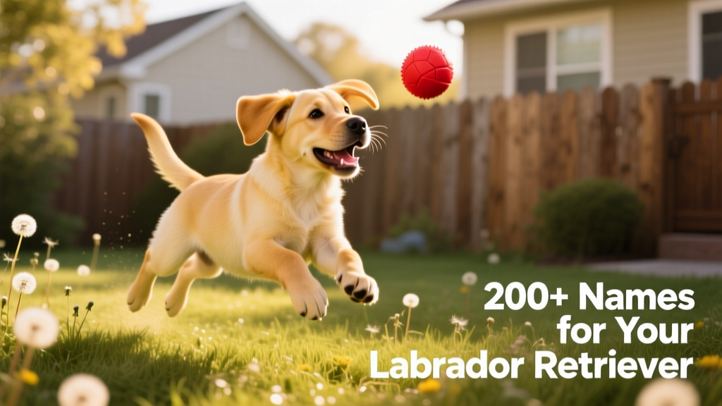 A joyful yellow Labrador Retriever puppy playing in a sunlit backyard