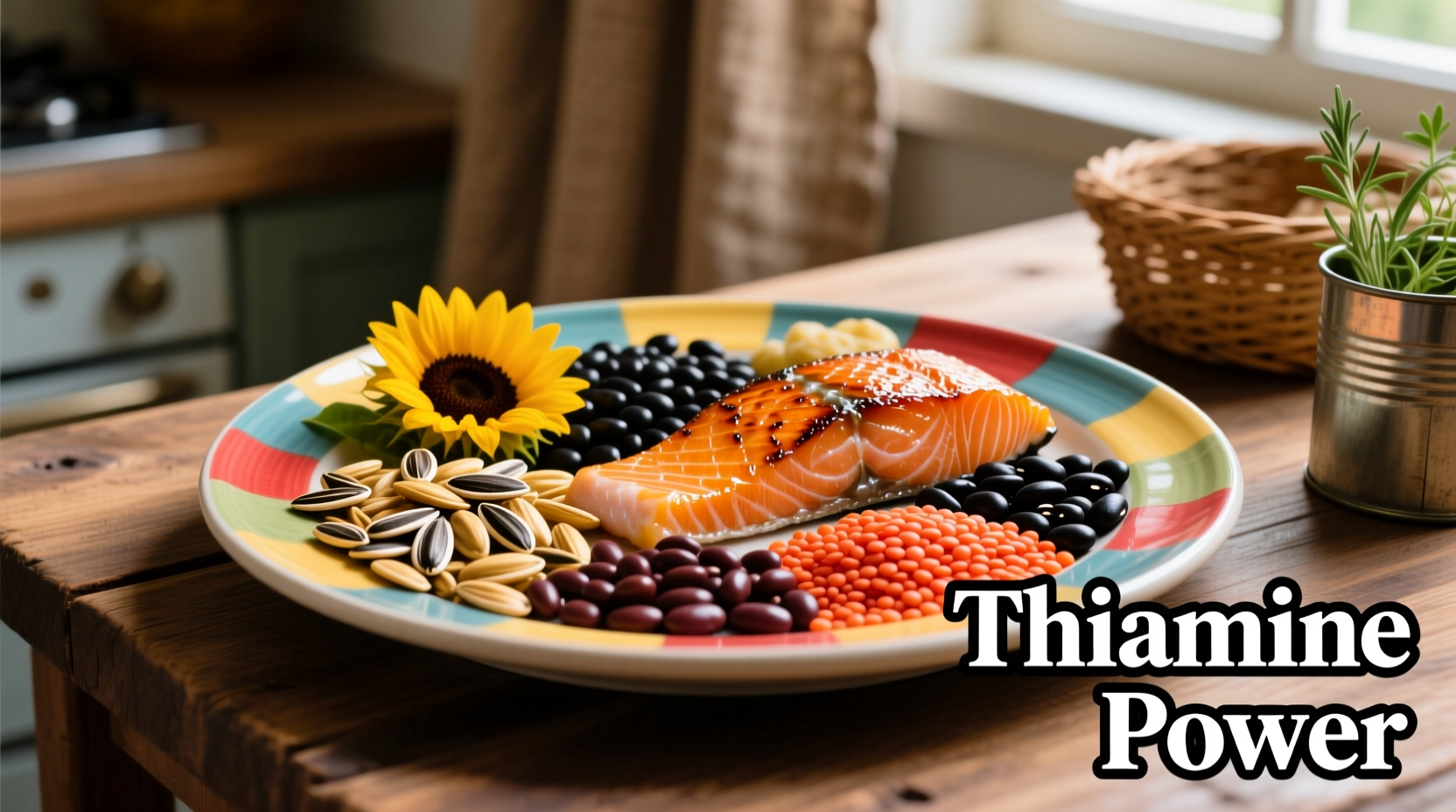 Colorful plate of thiamine-rich foods including seeds, beans, and fish