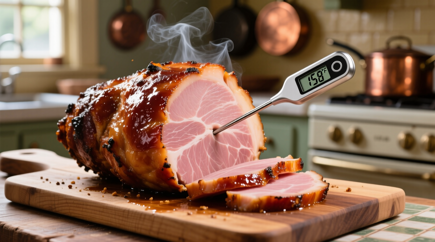 Smoked cooked ham on cutting board with thermometer
