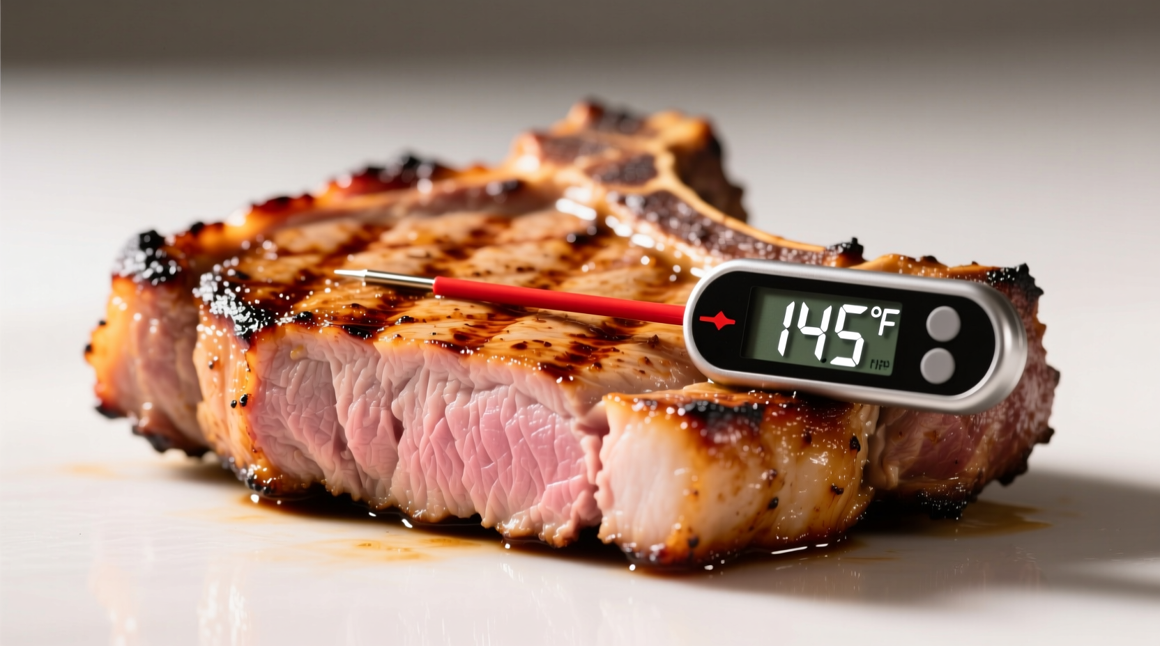 Perfectly seared thick pork chop with thermometer showing 145 degrees