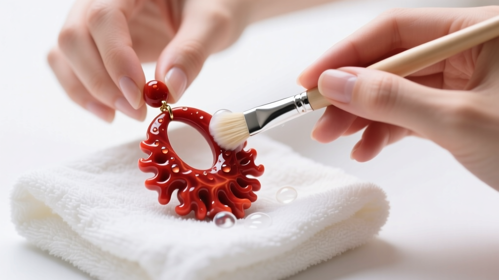Hands gently cleaning a large carved red coral statement earring with a soft brush and mild soapy water on a white cotton towel.