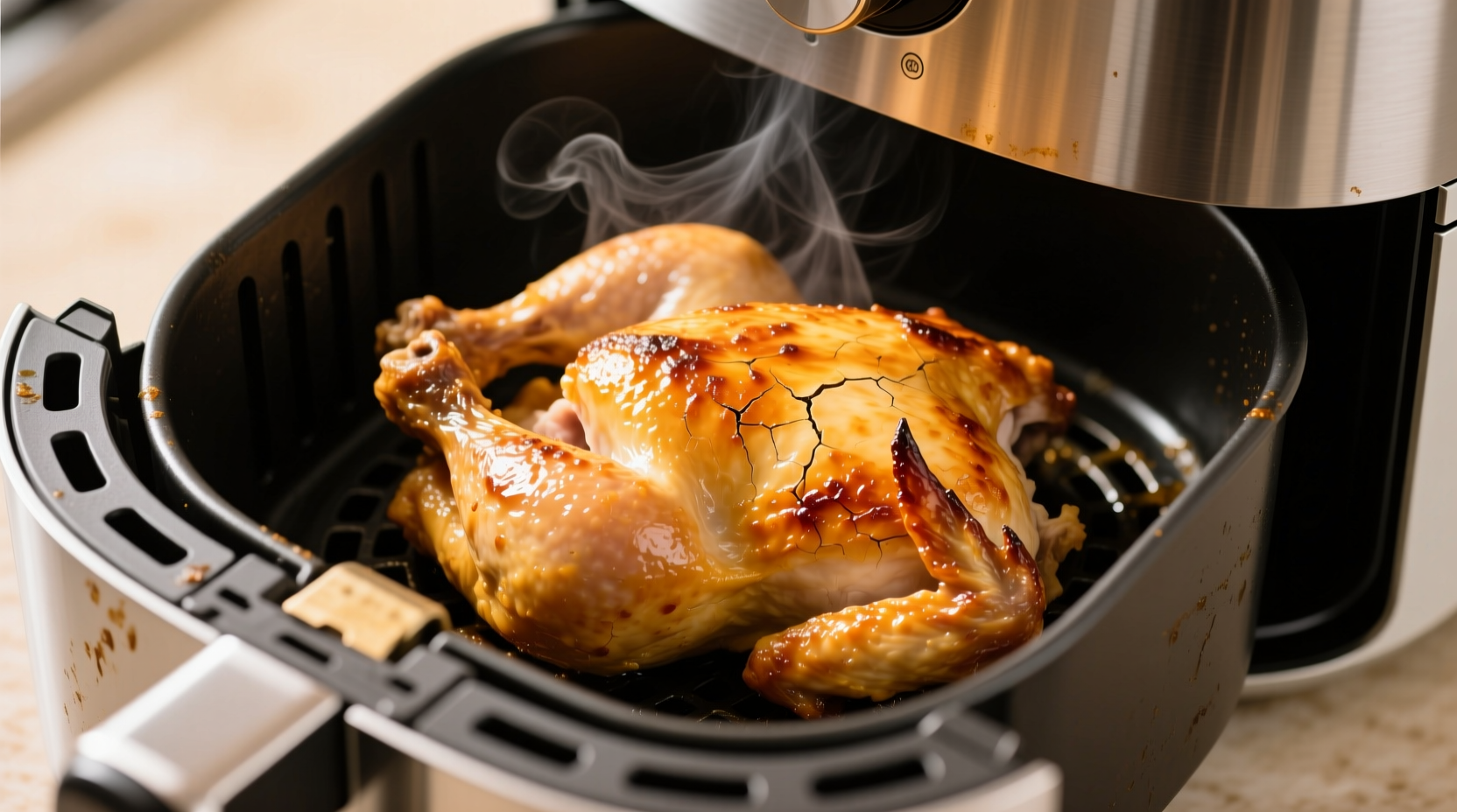 Perfectly cooked golden chicken breast in air fryer basket
