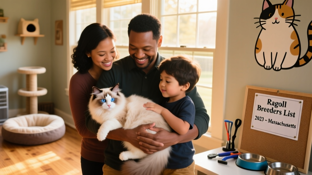 A family gently holding a fluffy Ragdoll kitten during a meet-and-greet visit at a home cattery
