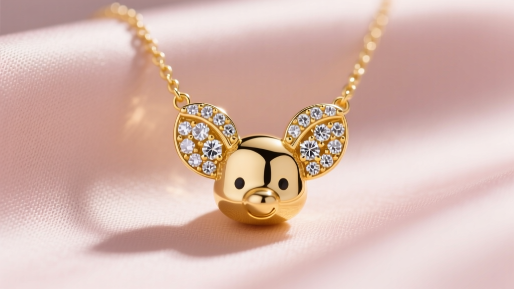 Close-up of a delicate 14k yellow gold Dumbo necklace pendant with pavé diamond ears resting on soft blush silk fabric background