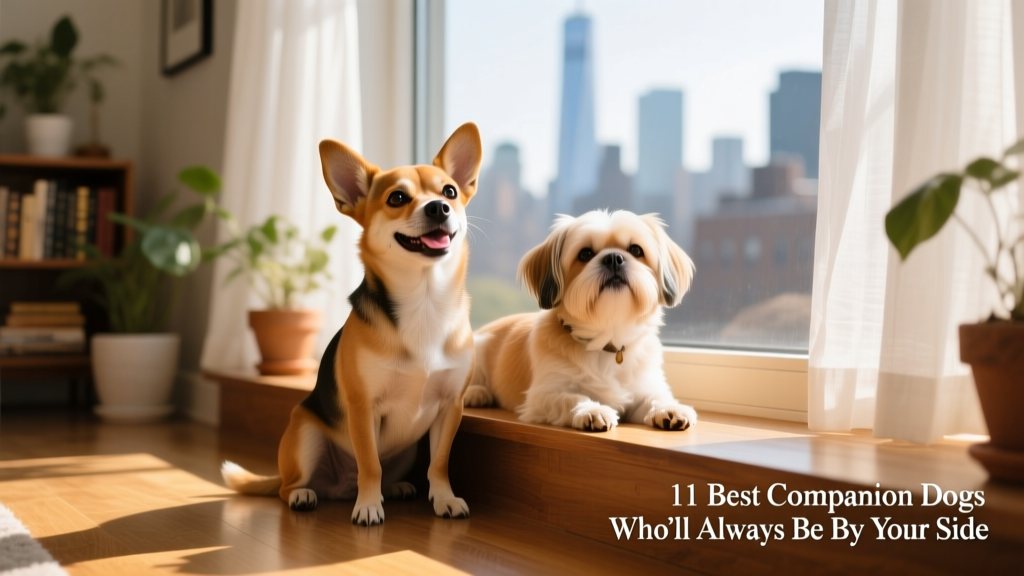 A joyful Chiweenie and a relaxed Shih Tzu sitting side-by-side on a sunlit windowsill, both gazing out with calm, content expressions