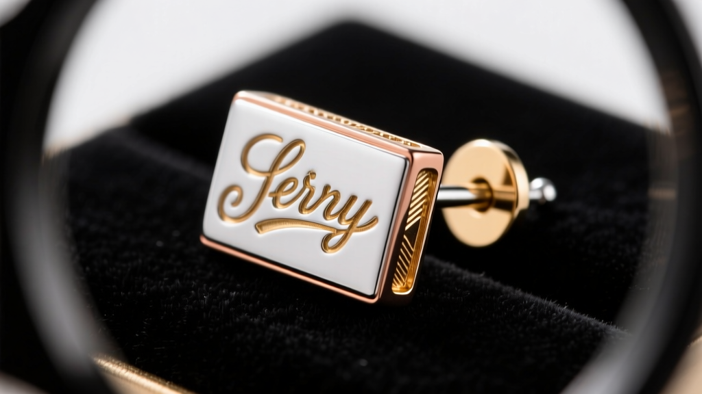 Jeweler loupe view of a script name stud earring showing reinforced backing plate and 18-gauge post against dark velvet mat.