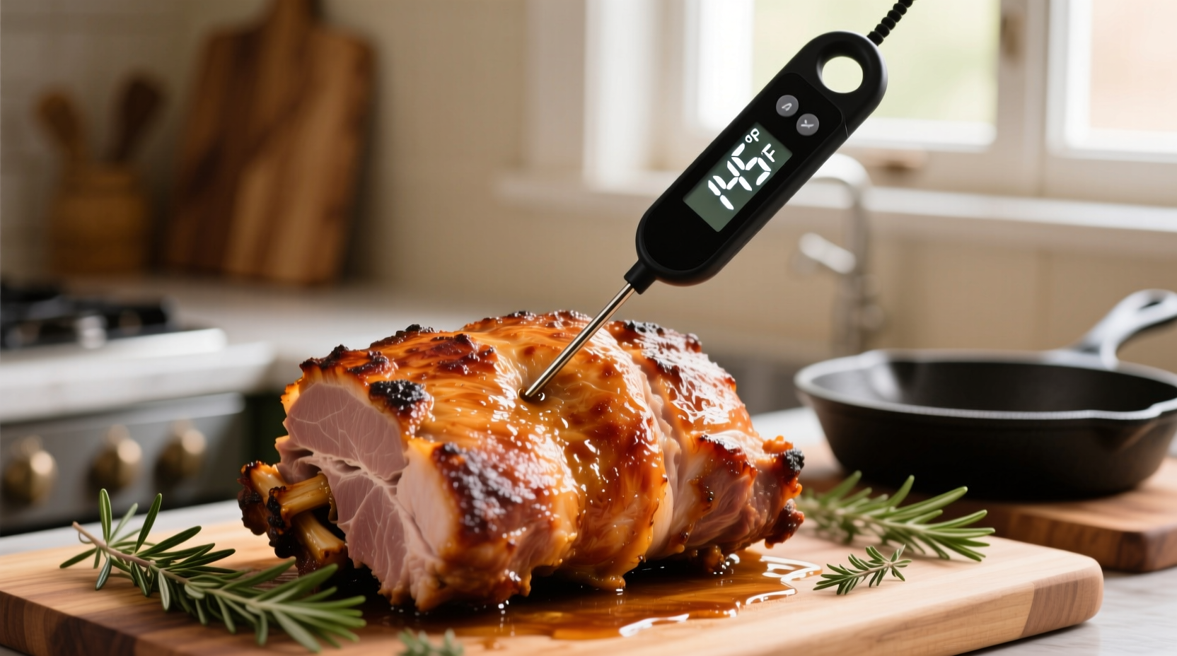 Digital meat thermometer showing 145 degrees in pork roast