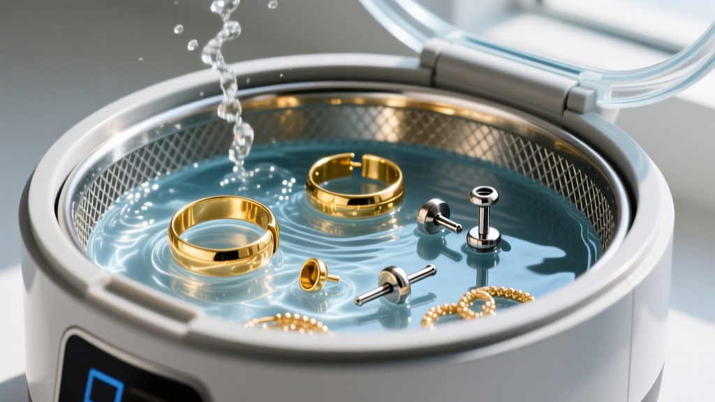 Ultrasonic cleaner vibrating with water, holding a steel mesh basket of solid gold ear cuffs and titanium threadless labret studs.