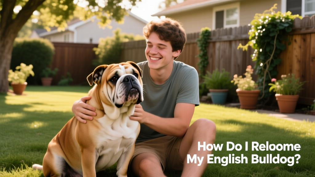 A calm, affectionate English Bulldog sitting beside a smiling person