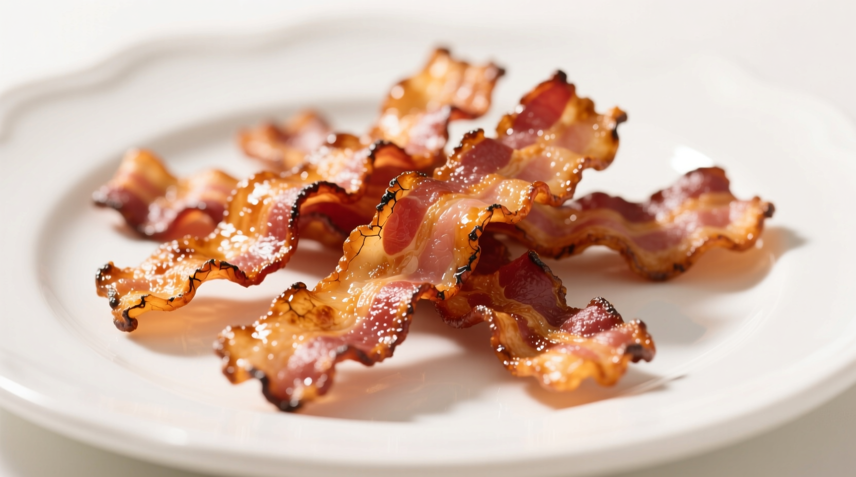 Crispy air fried bacon strips on white plate