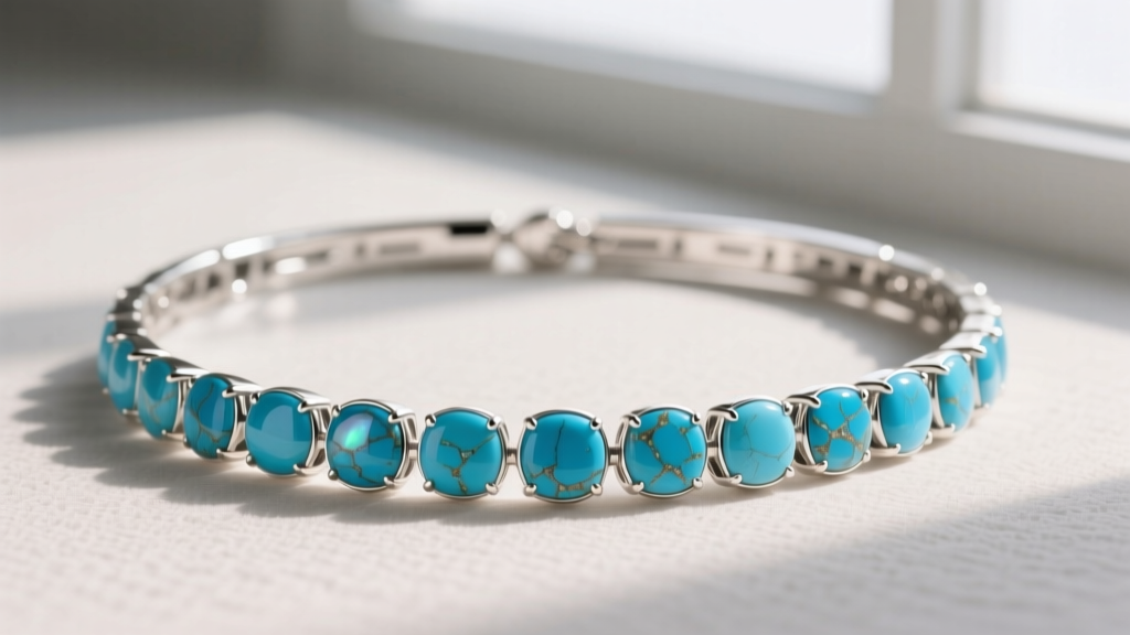 Close-up of a 15-inch sterling silver turquoise necklace choker with bright blue Sleeping Beauty stones in soft natural lighting.