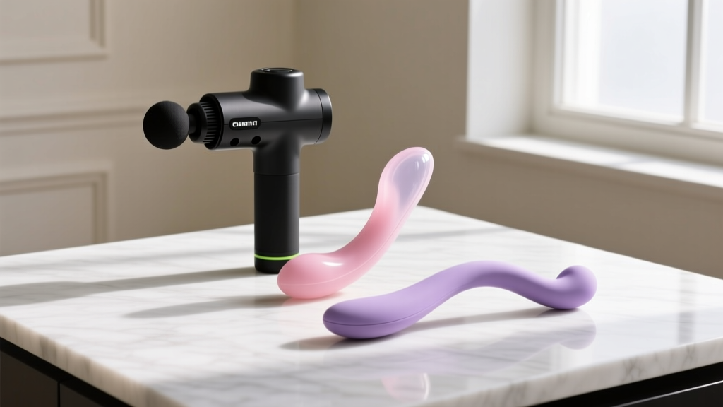 Comparison of a percussion massage gun, an internal silicone prostate massager, and a curved pelvic floor therapy wand.