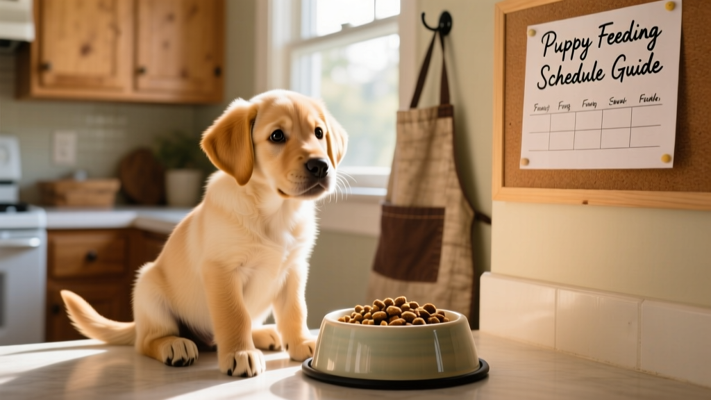 A playful Labrador puppy sitting beside an open food bowl, looking eager and alert
