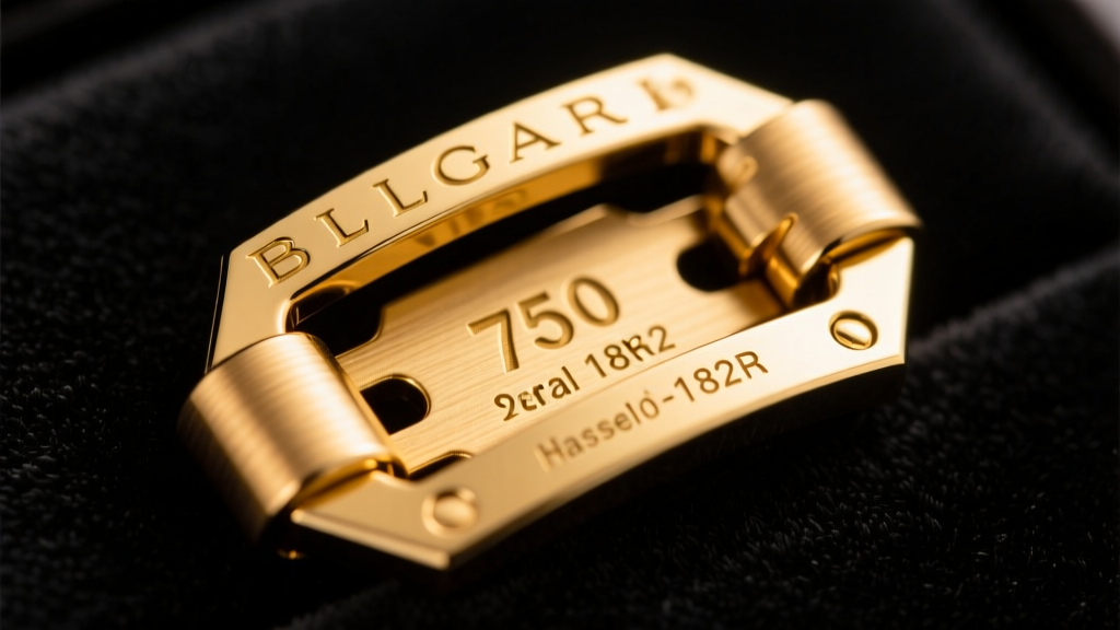 Close-up macro shot of a Bvlgari 18k gold clasp showing the 750 hallmark and serial number engraving under bright studio lighting
