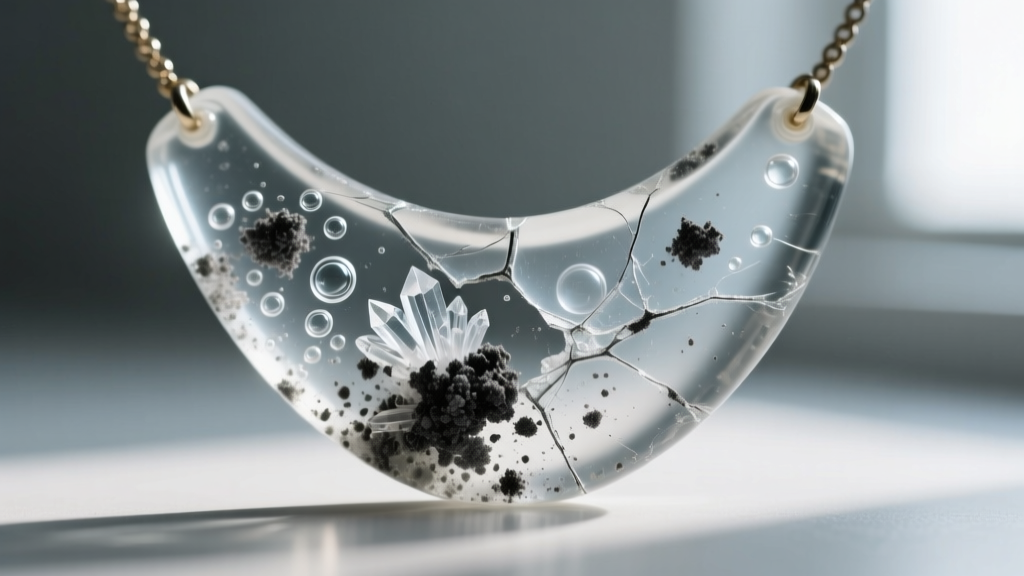 Macro view of micro-bubbles and ash clumping inside a poorly cured resin memorial necklace, highlighting common crafting flaws