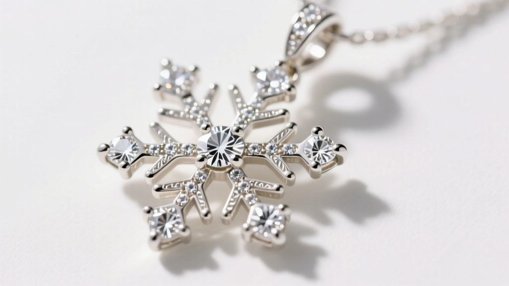 Macro photo of a white gold snowflake pendant showing tiny prongs holding melee diamonds, illuminated by soft studio lighting.