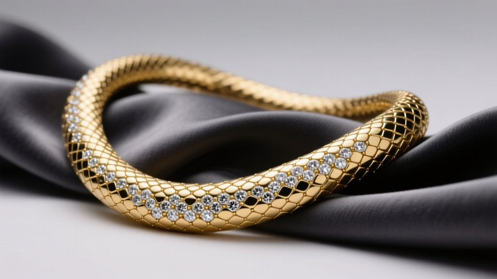 Close-up of an 18k gold serpent necklace with diamond pavé scales draped over dark charcoal silk fabric under soft studio lighting