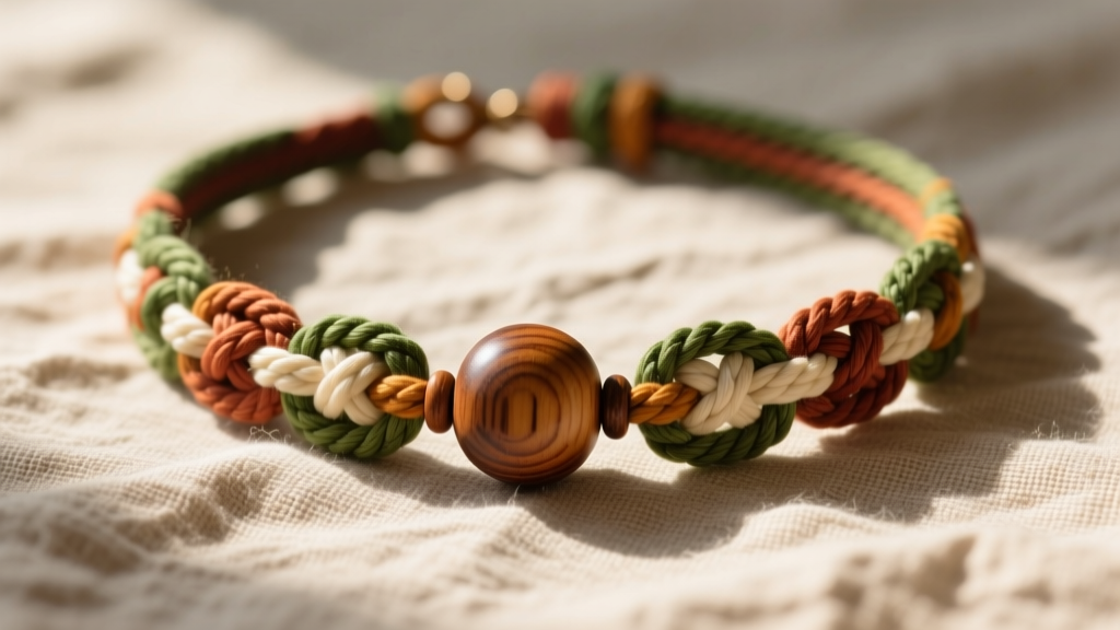 Close-up of a colorful 90s style hemp necklace choker with square knots and a wooden bead, resting on a rustic linen cloth