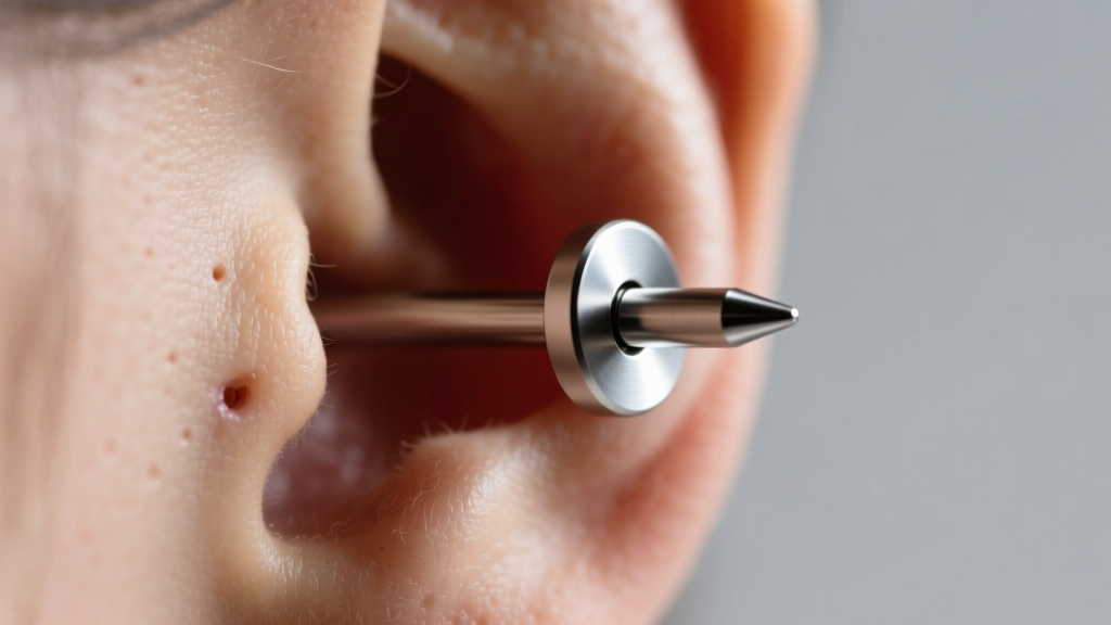 Threadless titanium labret in a healed earlobe, showing the seamless junction between the smooth post and flat titanium backing.