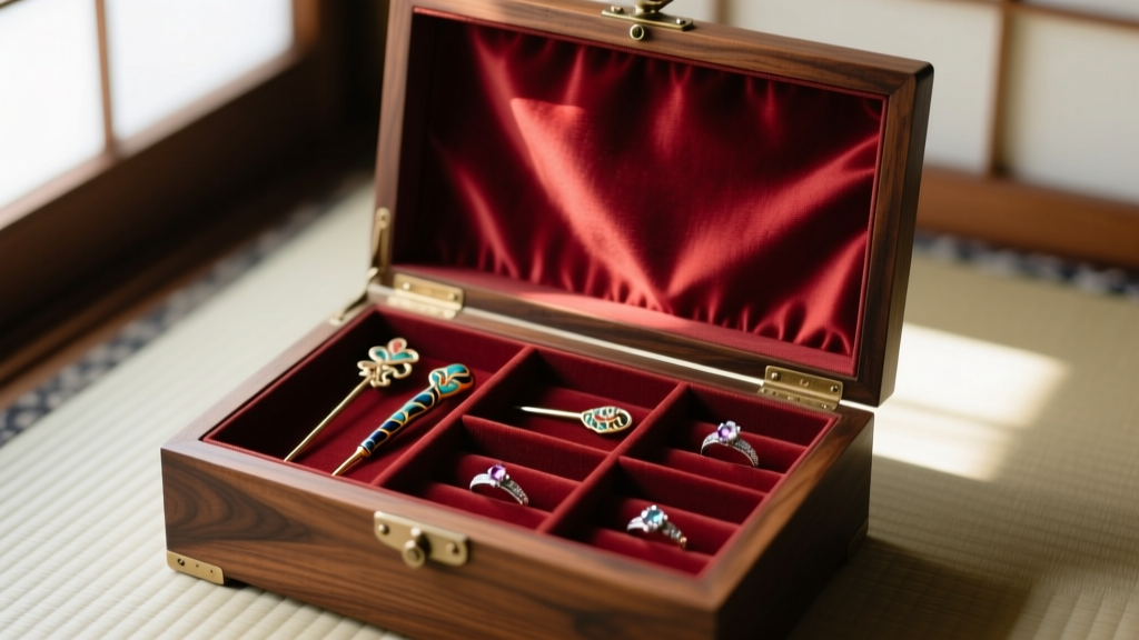 Interior of a Japanese vintage jewelry box lined with crimson silk, showing compartments for storing hairpins and delicate rings.