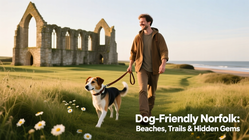 A historic stone priory surrounded by open grassy grounds, with a dog on a lead walking beside its owner
