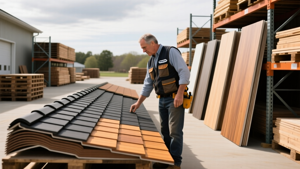 Contractor inspecting CertainTeed shingles and James Hardie siding planks at a specialized New England building materials supply yard.