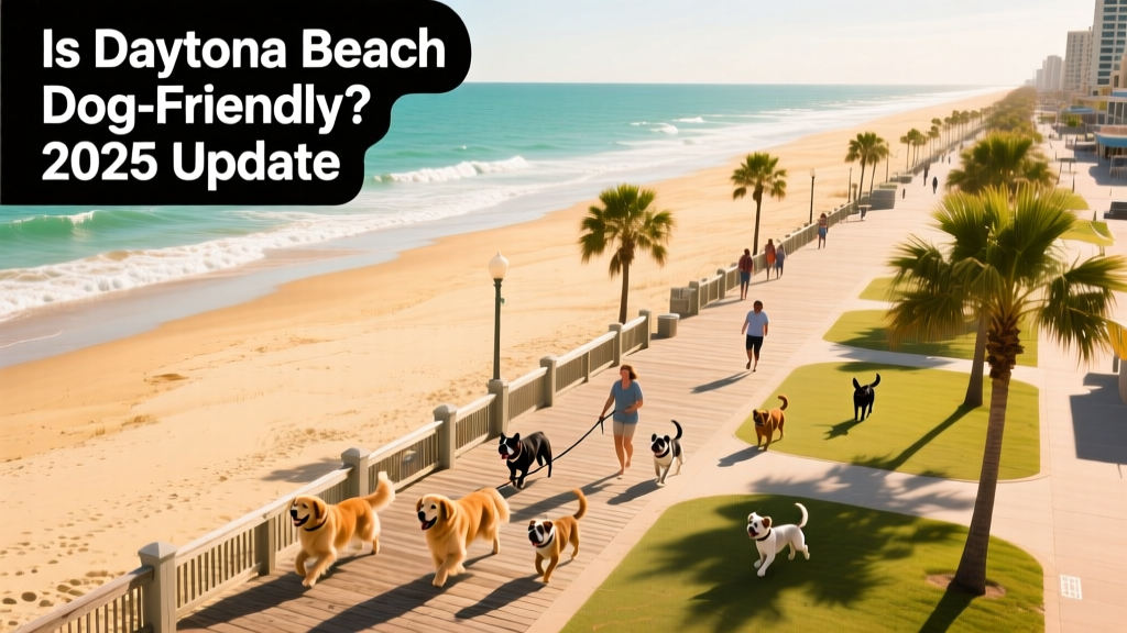 Aerial view of Daytona Beach showing wide sandy shoreline, ocean waves, and the iconic boardwalk with palm trees