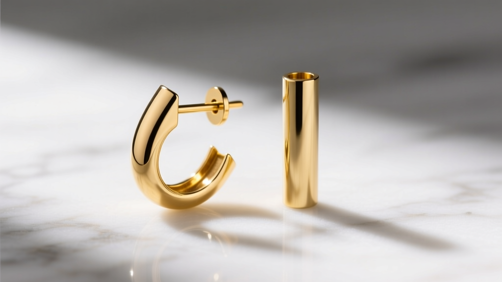 Bent 18k gold 22-gauge earring post resting next to a straight 14k gold post on a marble surface, demonstrating tensile strength.