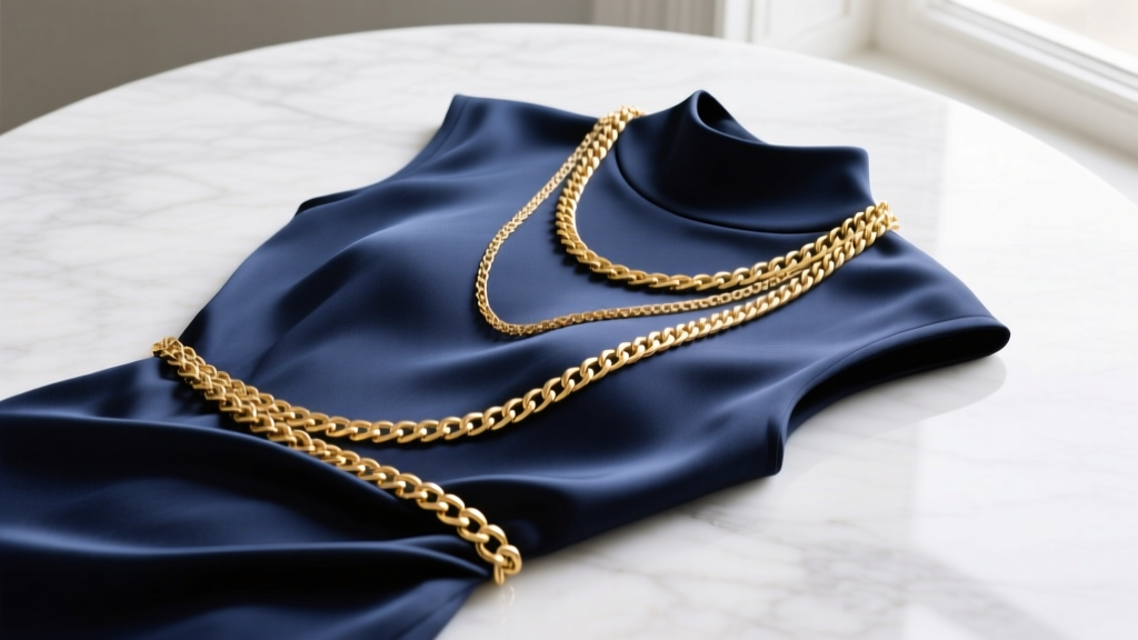 Flat lay of a 16-inch and 18-inch gold vermeil chain layered over a navy silk-blend crew neck dress on a marble surface