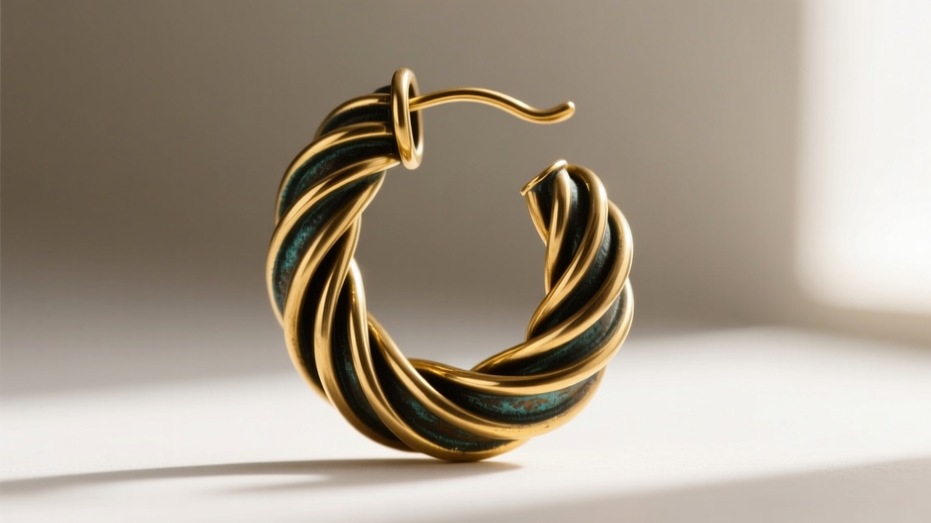 Macro view of twisted wire on a brass Fulani earring, showing oxidation in crevices next to highly polished gold-plated ridges.