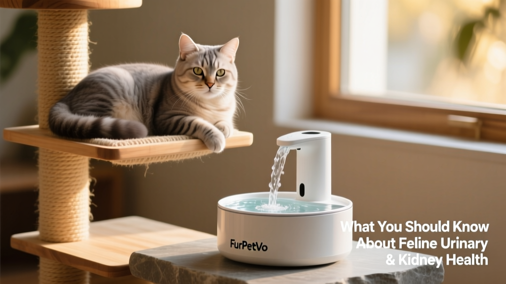 A senior cat relaxing on a cat tree beside a sleek, low-noise FurPetVo water fountain with fresh water visible