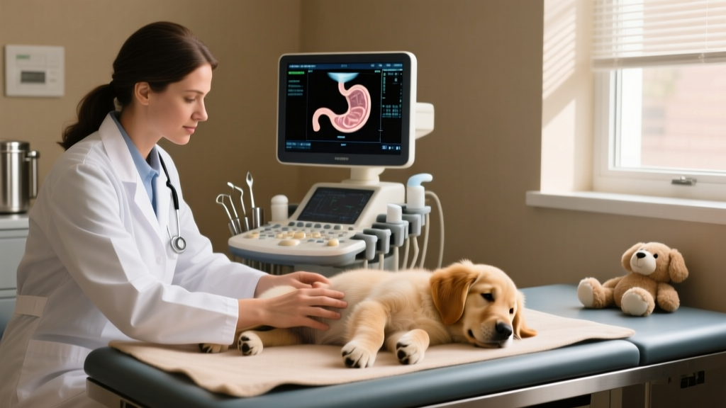 Veterinarian performing an abdominal ultrasound on a calm puppy