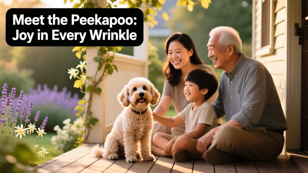 A smiling family enjoying a quiet moment with their Peekapoo on a sunny porch