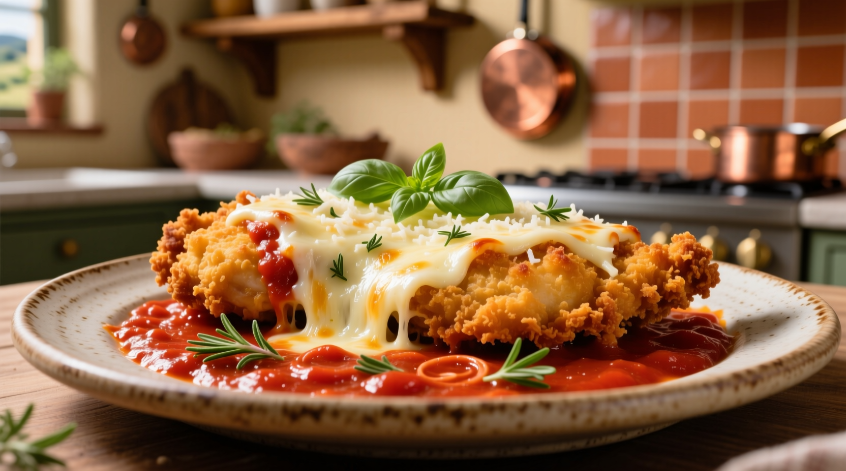 Golden brown chicken parmesan with melted cheese and marinara sauce